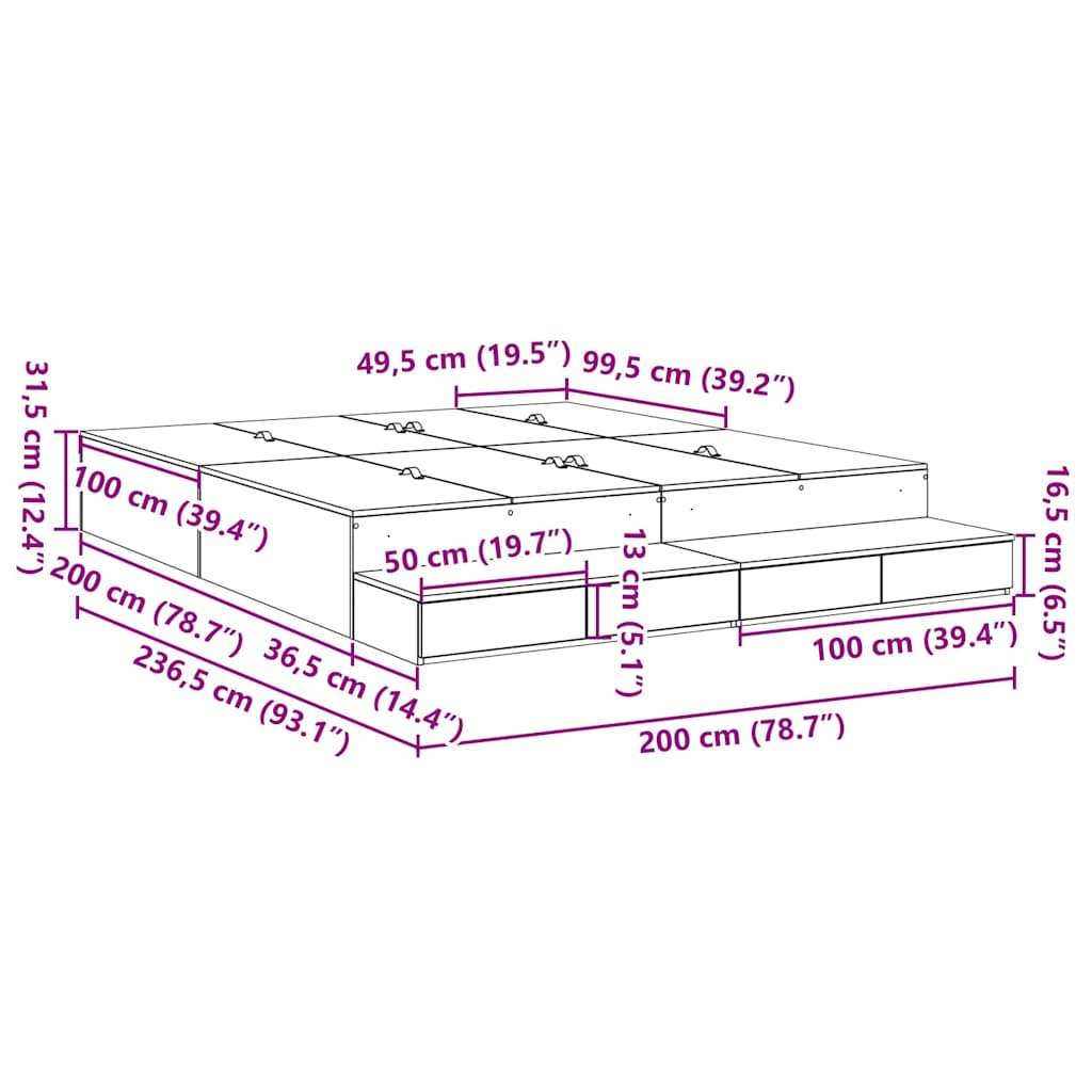 Storage Bed Frame Black Oak 200x200 cm