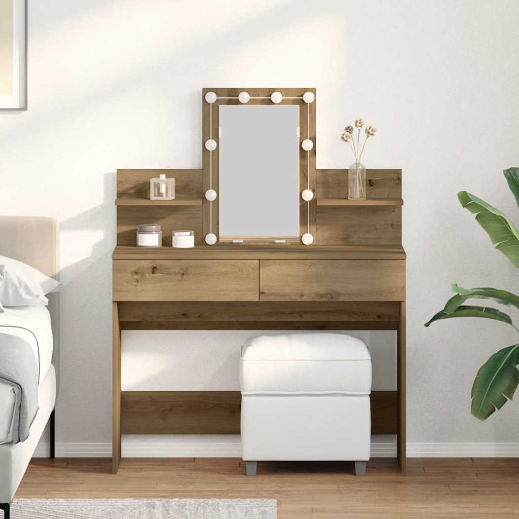Modern Wooden Makeup Vanity Desk Dressing Table With 2 Drawers LED Mirror