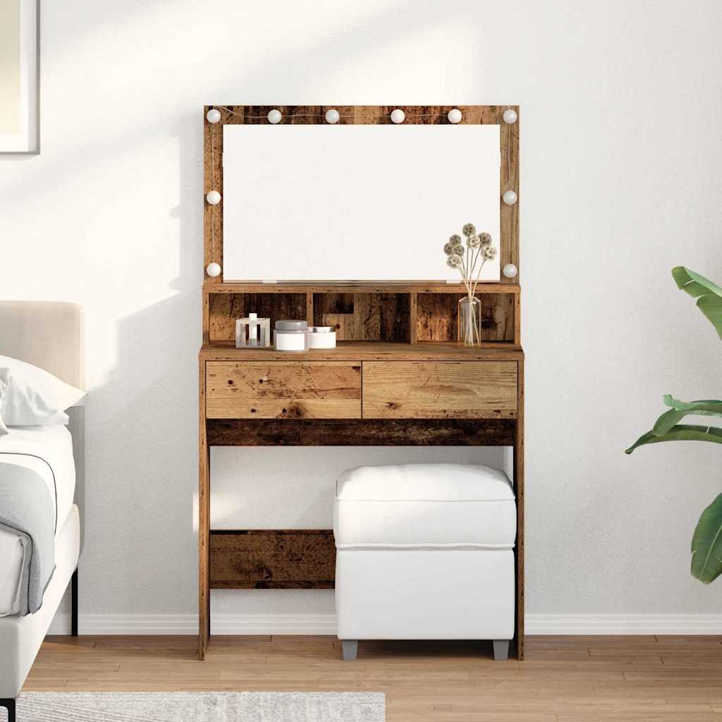 Modern Wooden Dressing Table Makeup Vanity Desk With Storage & LED Lights Mirror