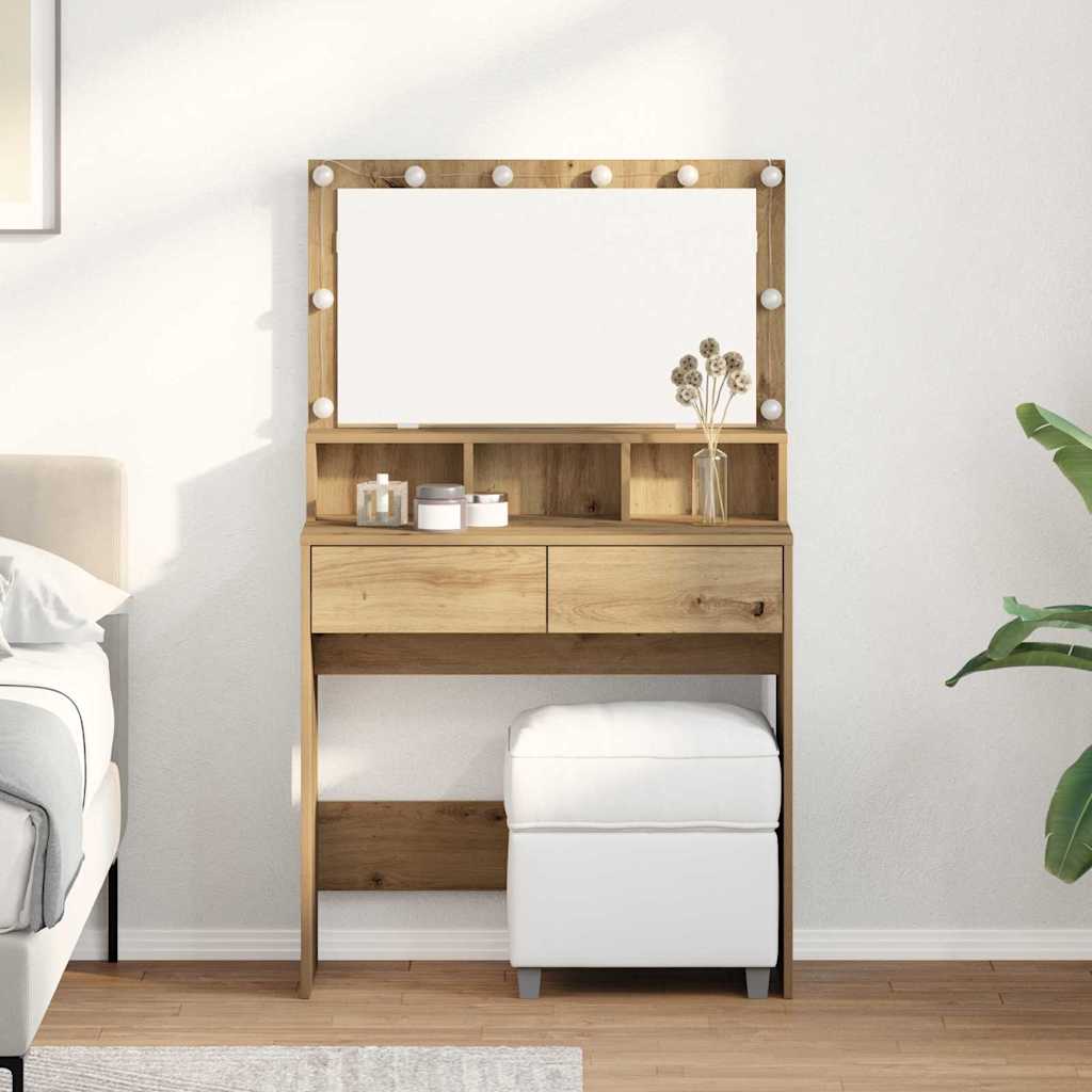 Modern Wooden Dressing Table Makeup Vanity Desk With Storage & LED Lights Mirror