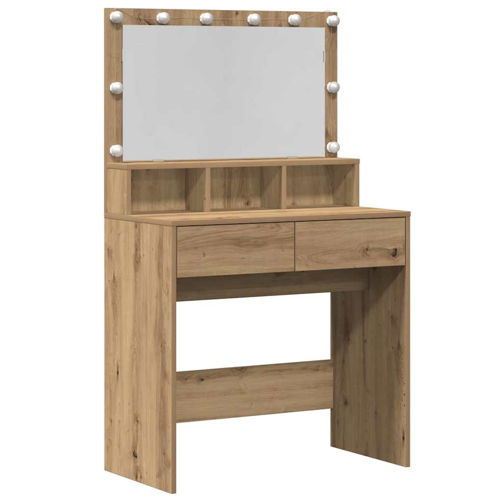 Modern Wooden Dressing Table Makeup Vanity Desk With Storage & LED Lights Mirror