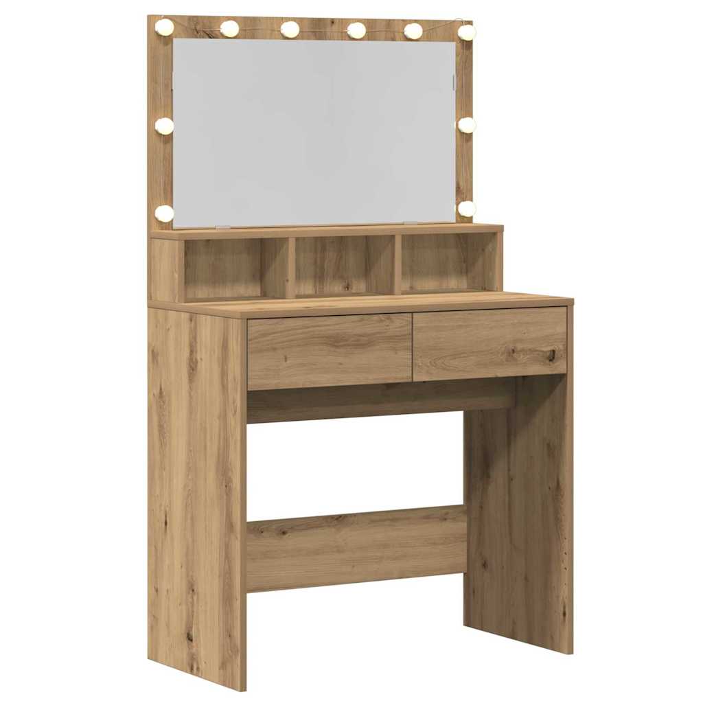 Modern Wooden Dressing Table Makeup Vanity Desk With Storage & LED Lights Mirror