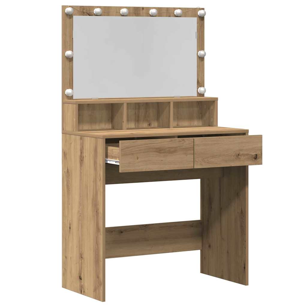 Modern Wooden Dressing Table Makeup Vanity Desk With Storage & LED Lights Mirror