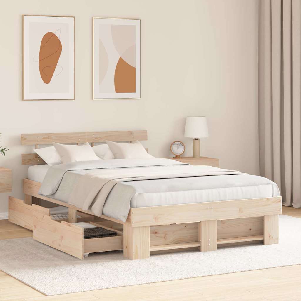 with Drawer with Headboard with Storage Brown 120 x 190 cm Solid pine wood