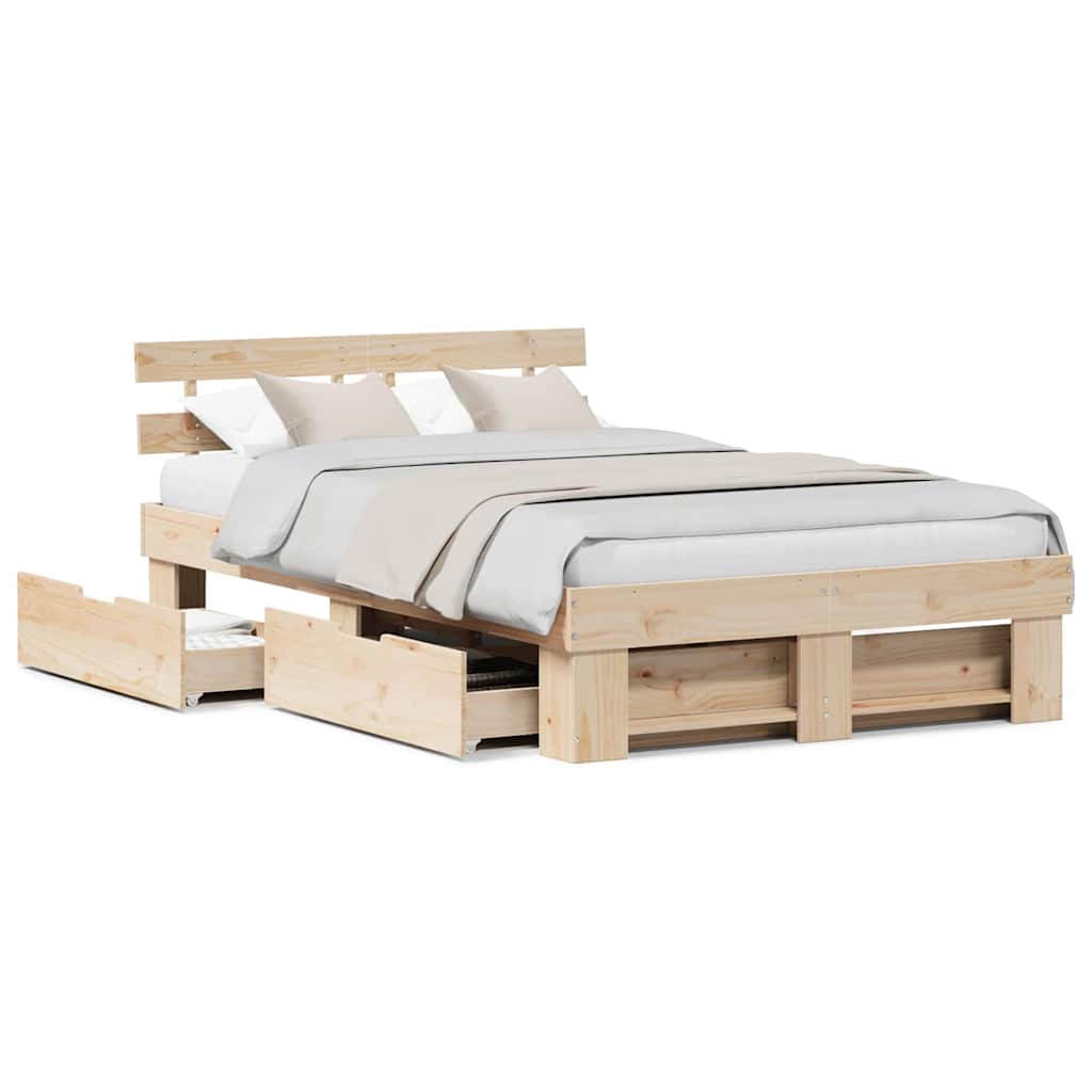 with Drawer with Headboard with Storage Brown 120 x 190 cm Solid pine wood