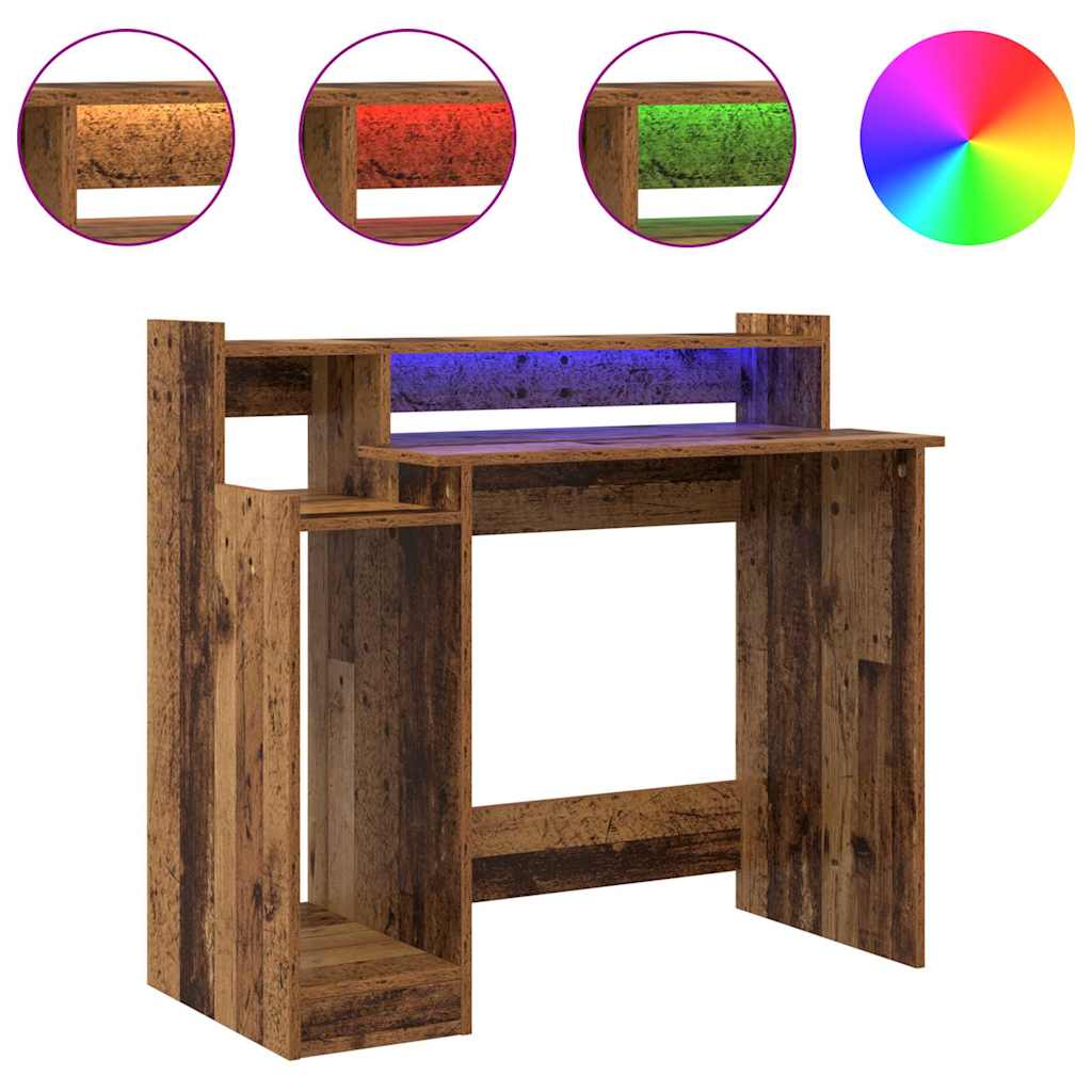 Modern Wooden Home Office Computer Gaming Desk With LED Lights Monitor Stand