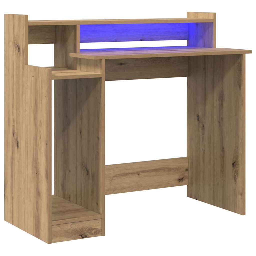 Modern Wooden Home Office Computer Gaming Desk With LED Lights Monitor Stand
