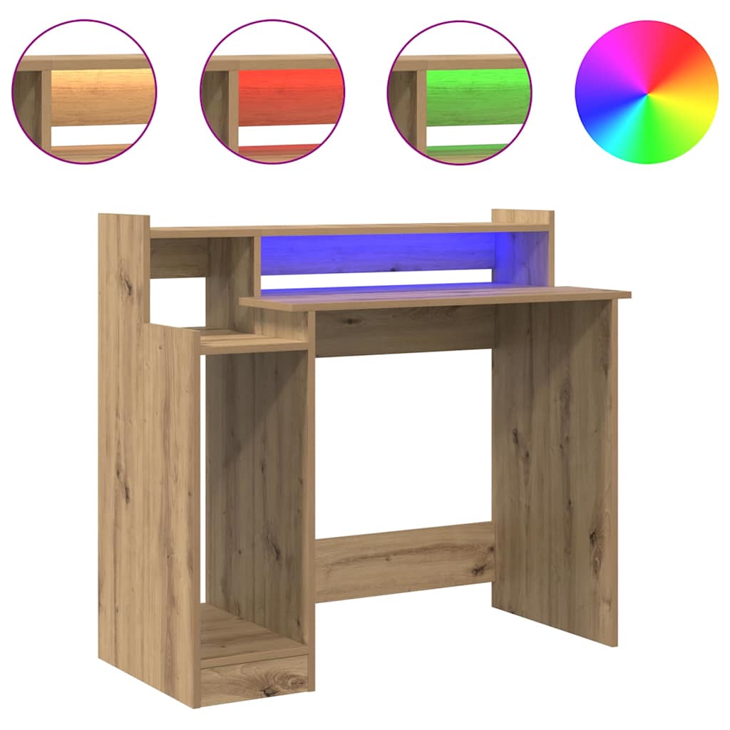 Modern Wooden Home Office Computer Gaming Desk With LED Lights Monitor Stand