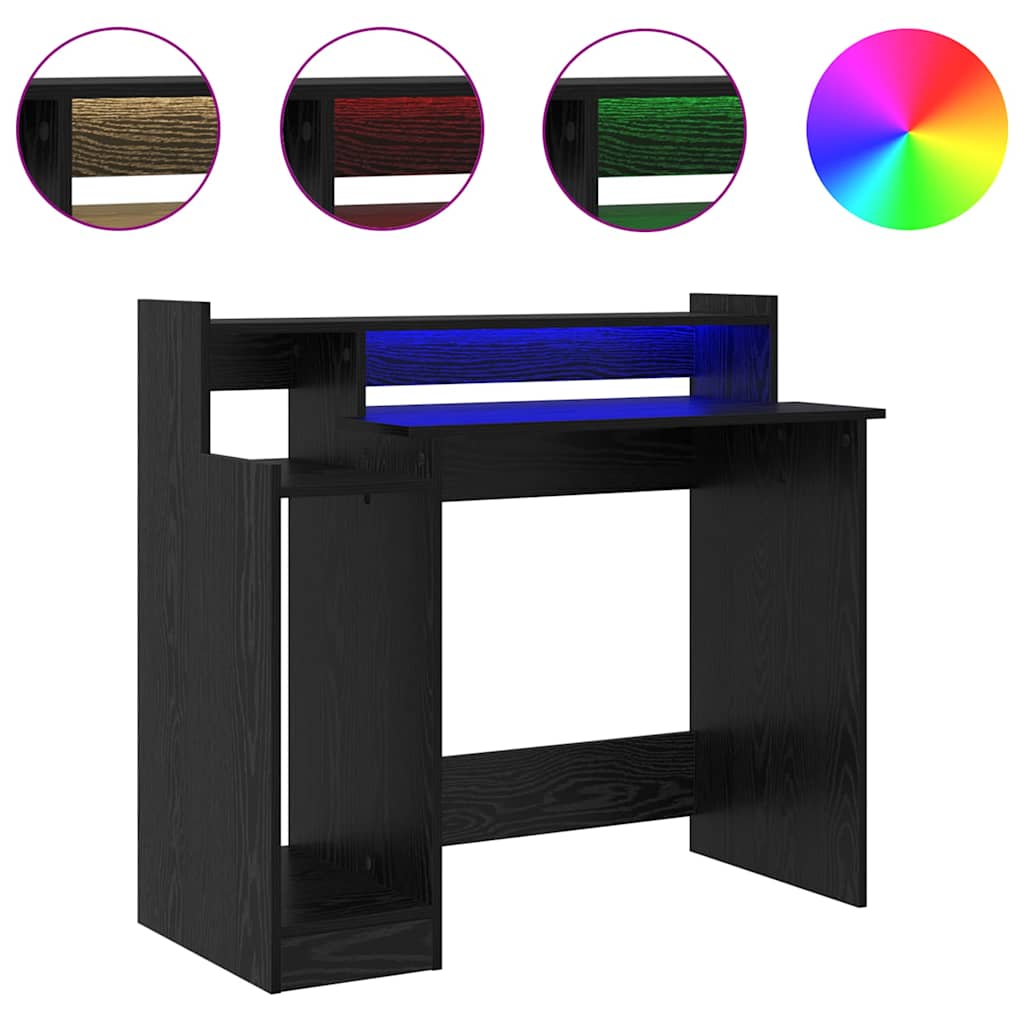 Modern Wooden Home Office Computer Gaming Desk With LED Lights Monitor Stand
