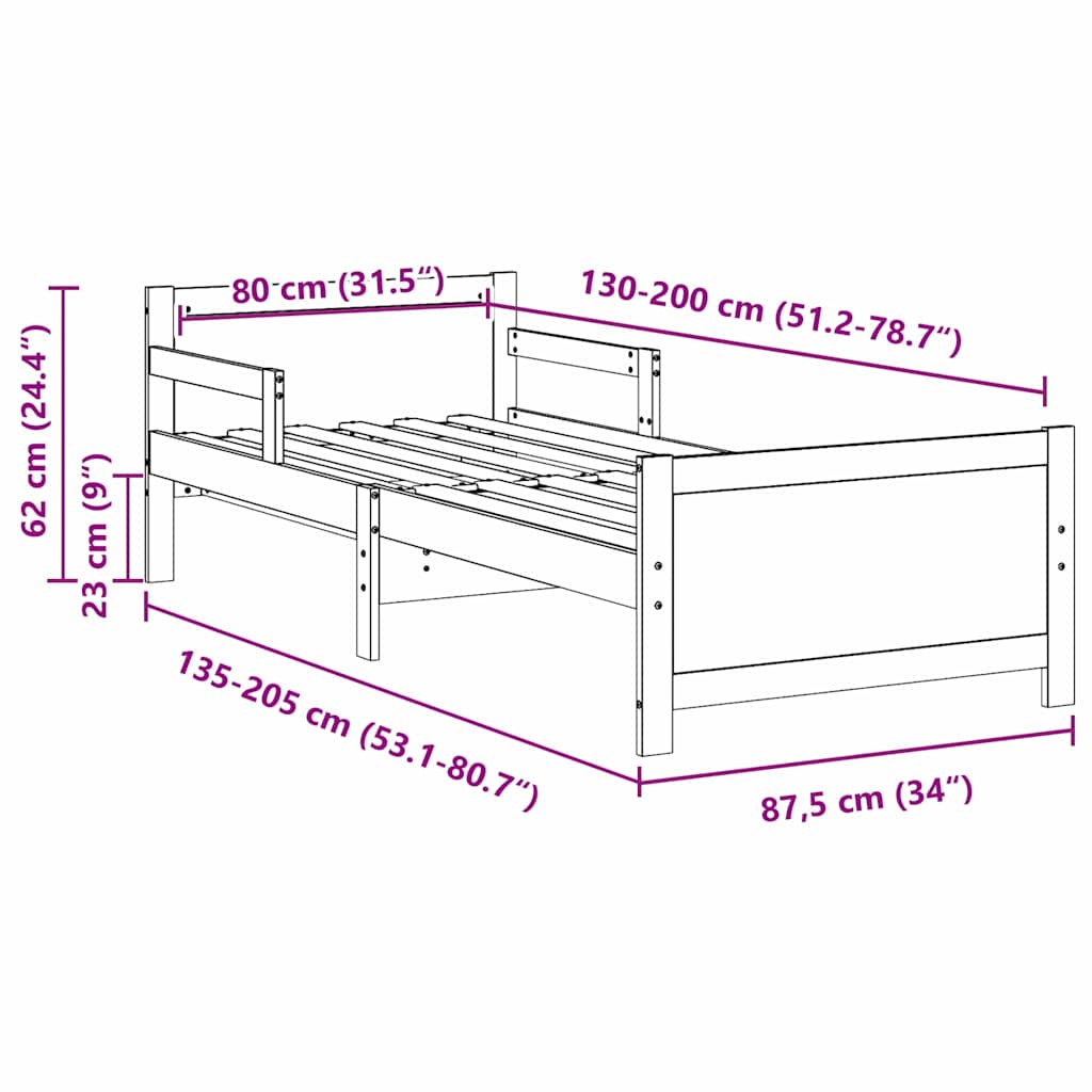 Extendable Bed Frame for Kids Wax brown 80 x 130 / 165 / 200 cm