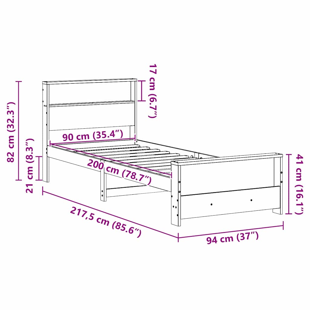 Bed Frame with Headboard Wax brown 90 x 200 cm Solid pine wood