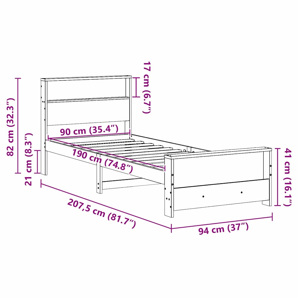 Bed Frame with Headboard Wax brown 90 x 190 cm Solid pine wood