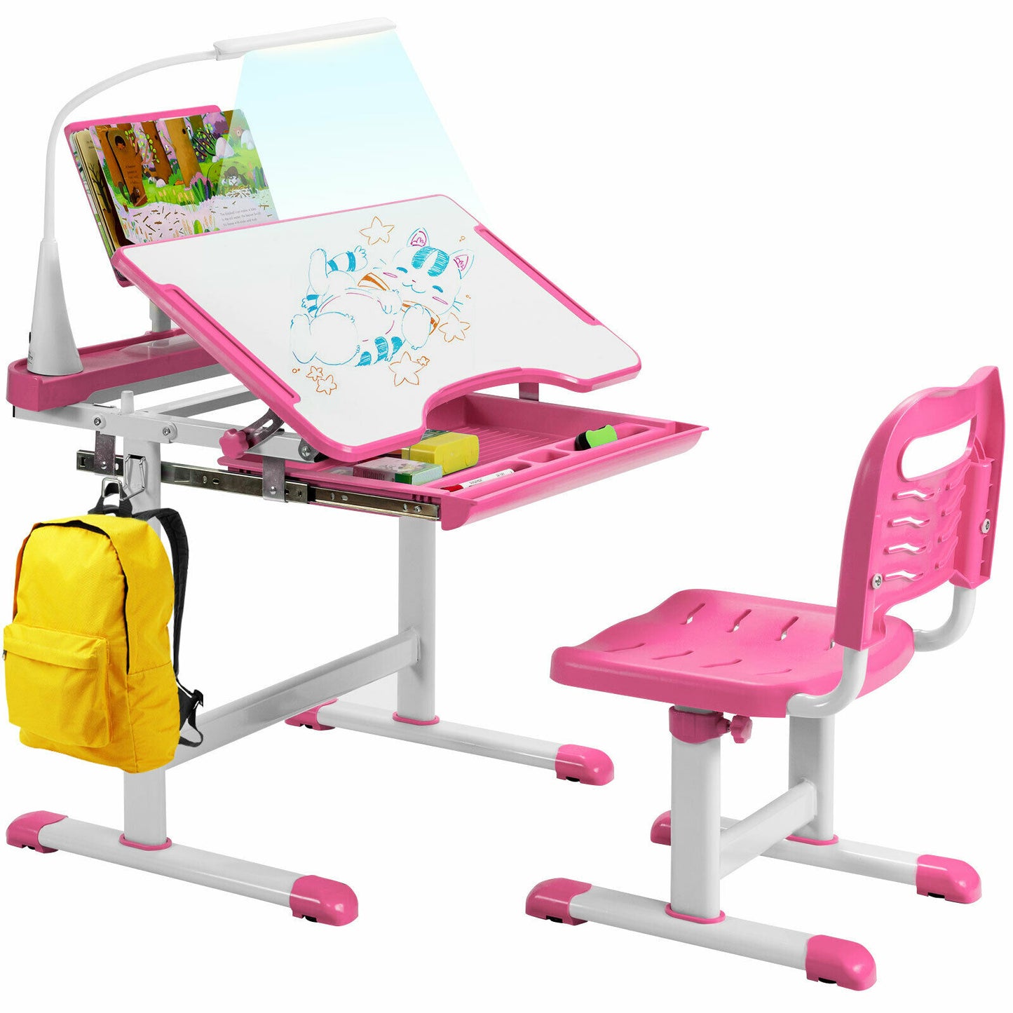 Height Adjustable Kid's Tilted Desk Set with Lamp & Drawer-Blue
