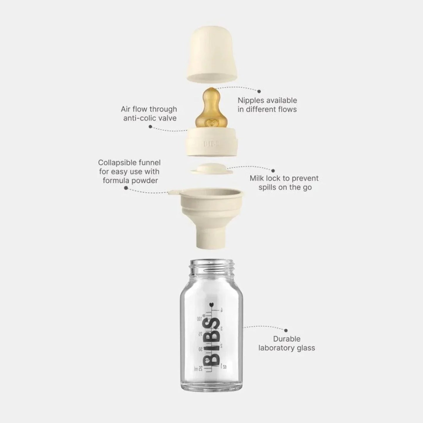 BIBS Baby Glass Bottle Complete Set Latex 110ml - Ivory