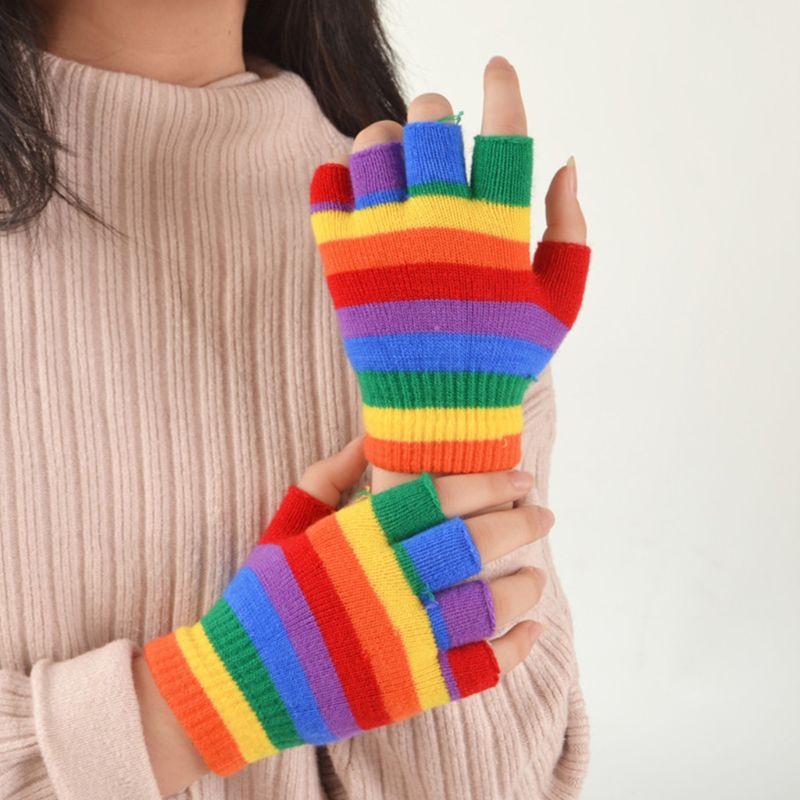 Rainbow Striped Fingerless Gloves - Half Finger Knit Mittens