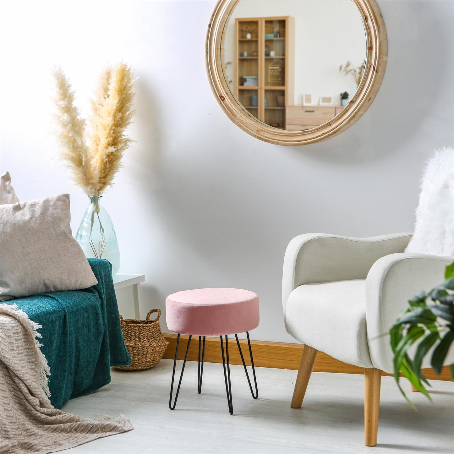 Pink Round Velvet Footstool
