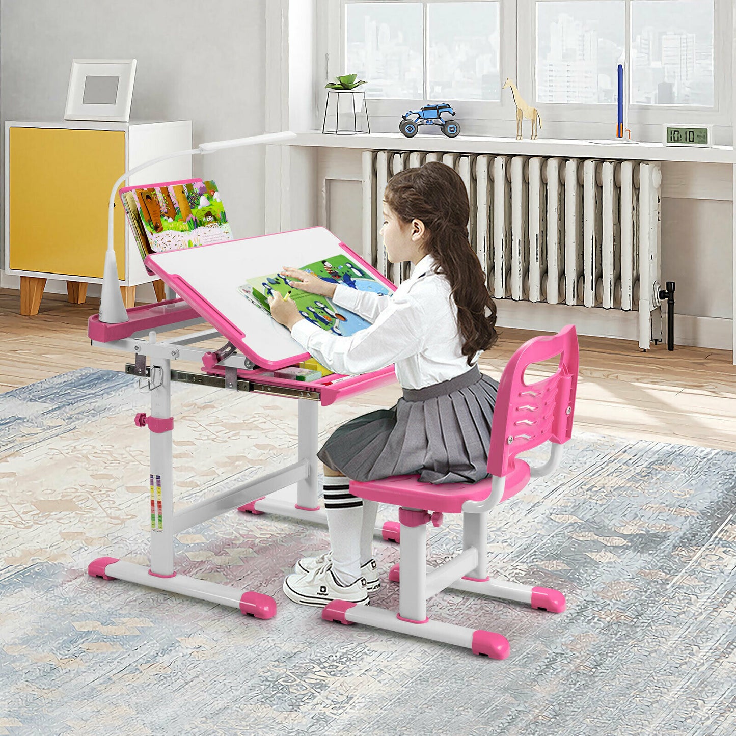 Height Adjustable Kid's Tilted Desk Set with Lamp & Drawer-Blue