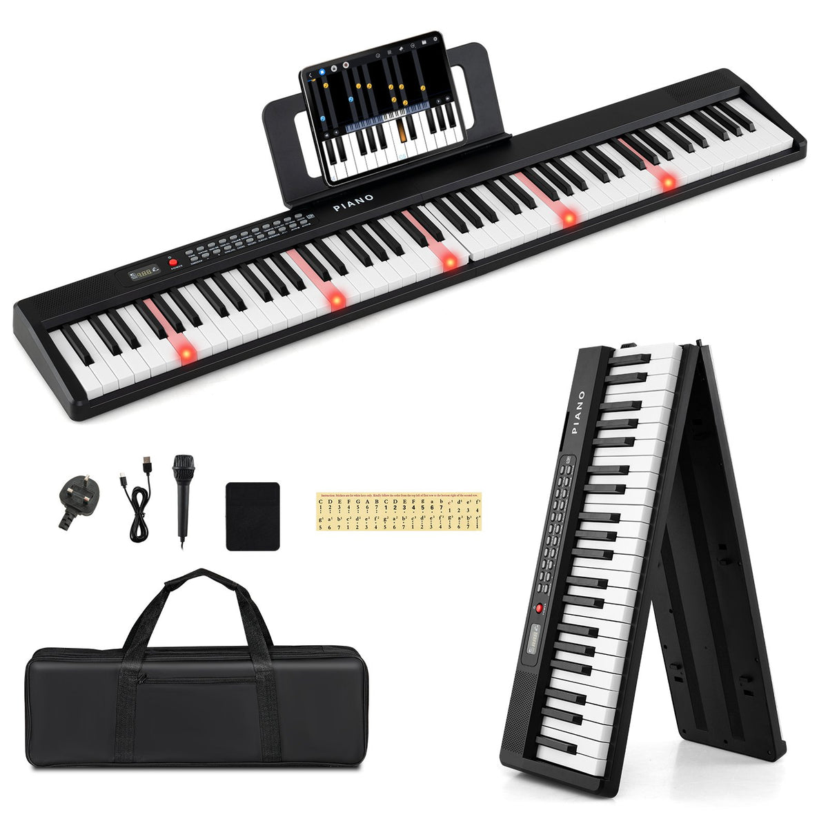 88 Key Foldable Piano Keyboard with MIDI Wireless Connection and Microphone-Black