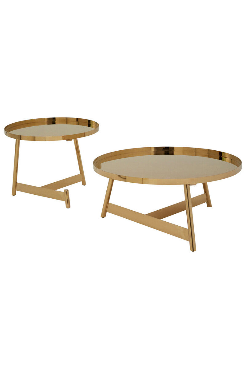 Rose Gold Set of 2 Round Coffee Tables with Angular Asymmetric Frames, Alvaro