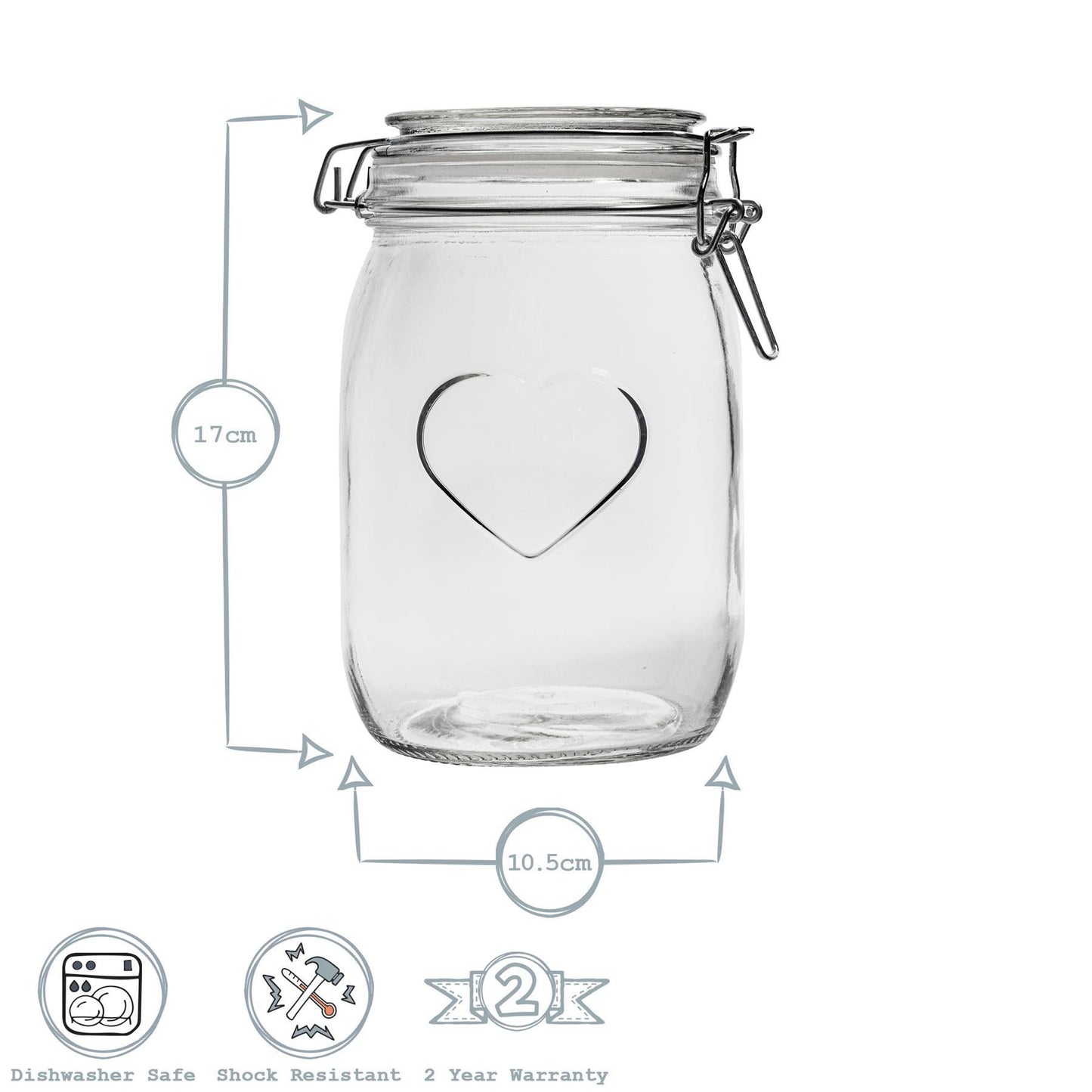 1L Air tight Glass Storage Jar with Embossed Heart Detail & Label - Pack of Six