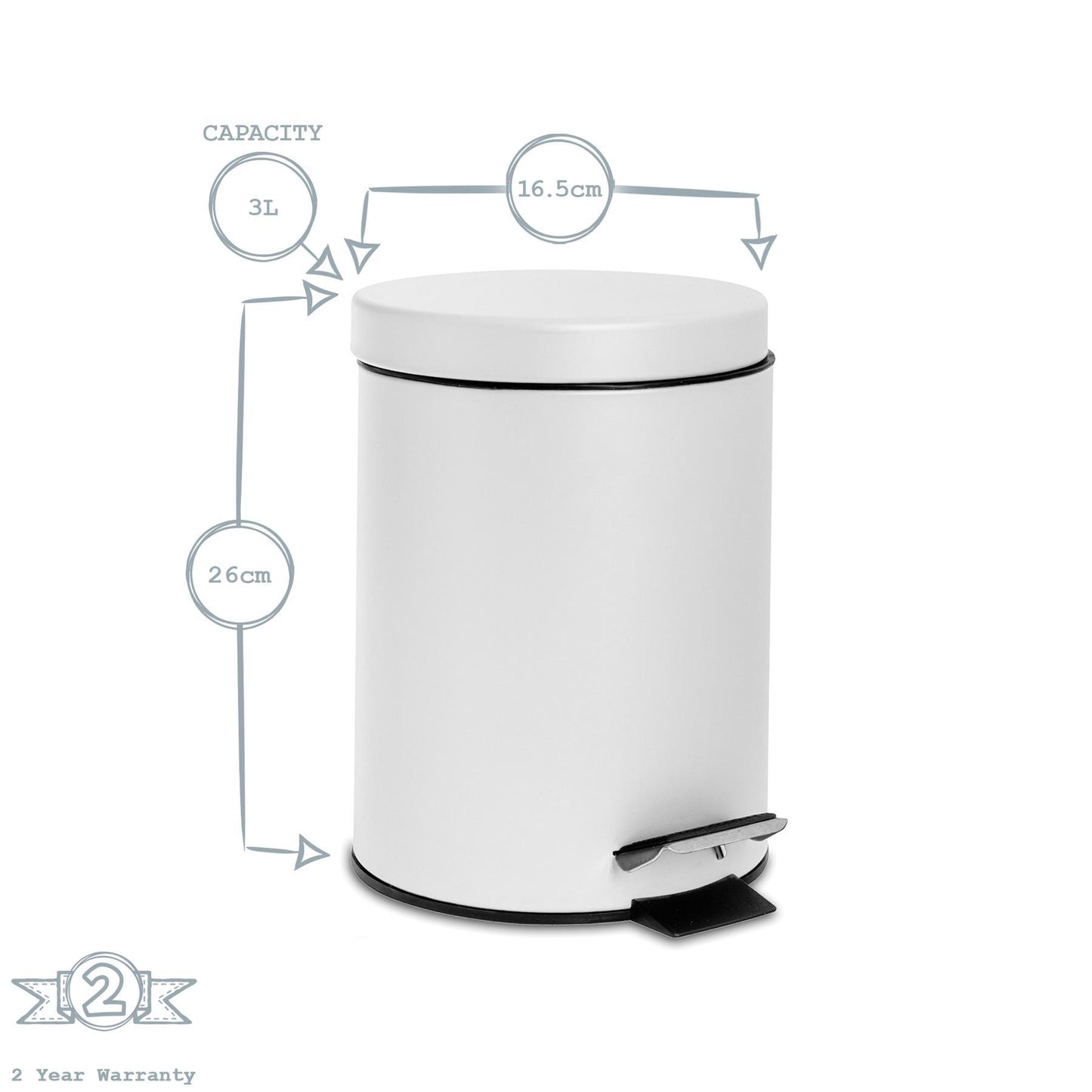 3L Matt Black Round Stainless Steel Bathroom Pedal Bin