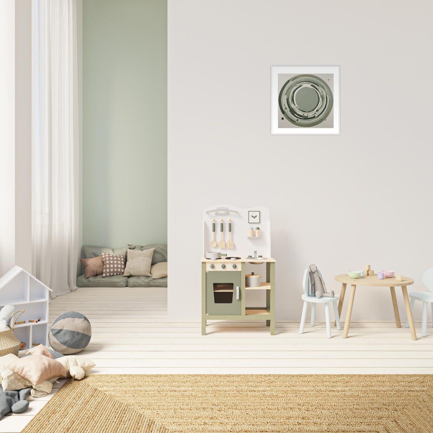 Sage Green Circular Abstract Framed Poster – Minimalist Geometric Wall Art