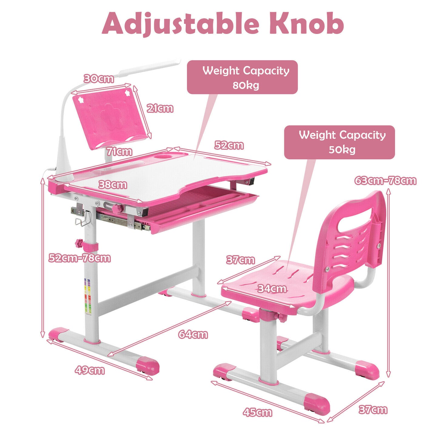 Height Adjustable Kid's Tilted Desk Set with Lamp & Drawer-Blue
