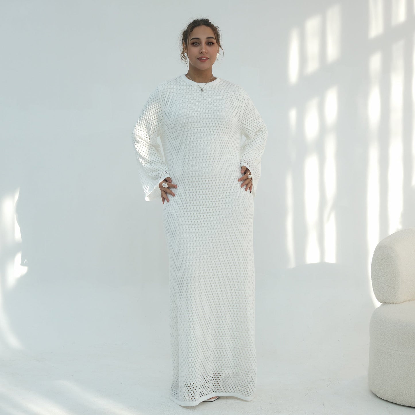 Elegant Hollow-Out Knit Dress - Modest A-Line Long Sleeve