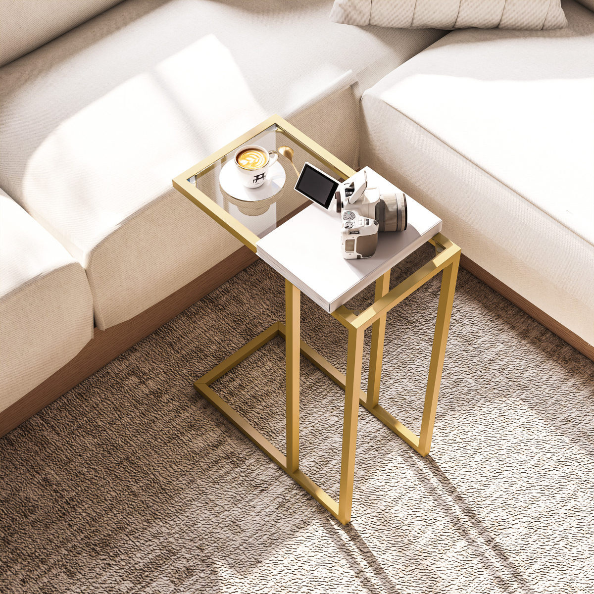 HOMCOM C-Shaped Side Table, End Table with Tempered Glass Tabletop, Gold