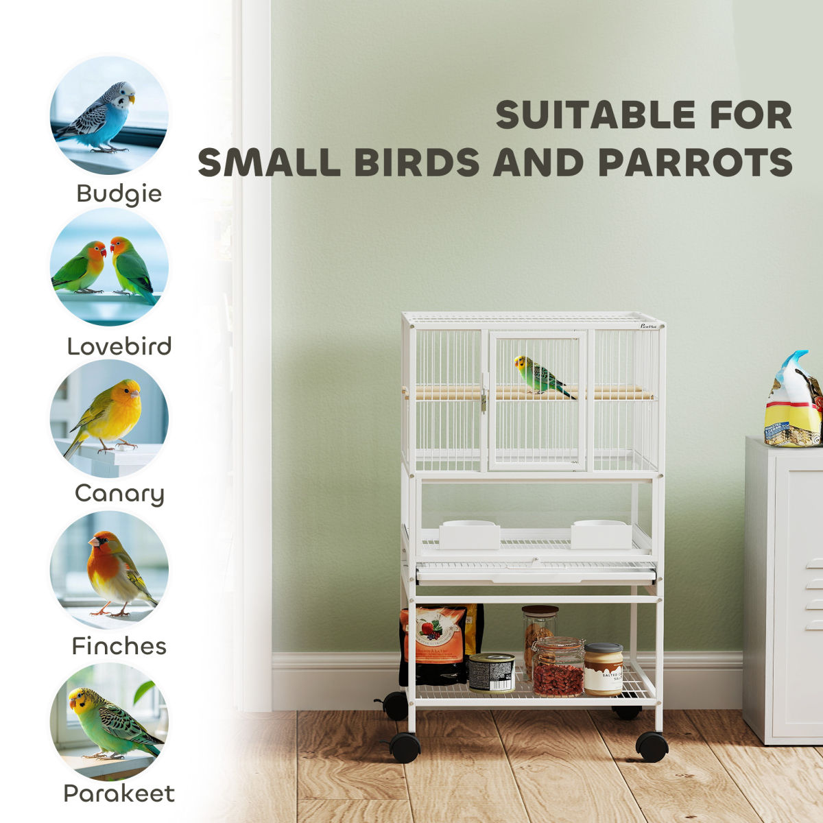 PawHut Bird Cage Parrot Cage with Rolling Stand Acrylic Viewing Panels White