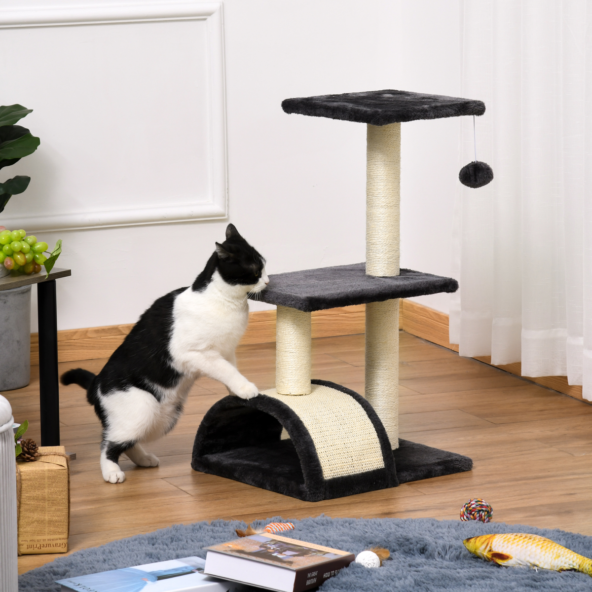 Cat Tree Activity Center Scratching Posts Sisal Arc Hanging Ball Grey Pawhut