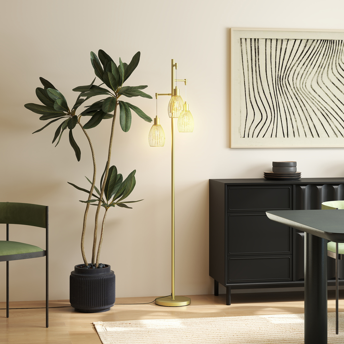 HOMCOM Industrial 3-Light Floor Lamp Dimmable Standing Lamp, Gold