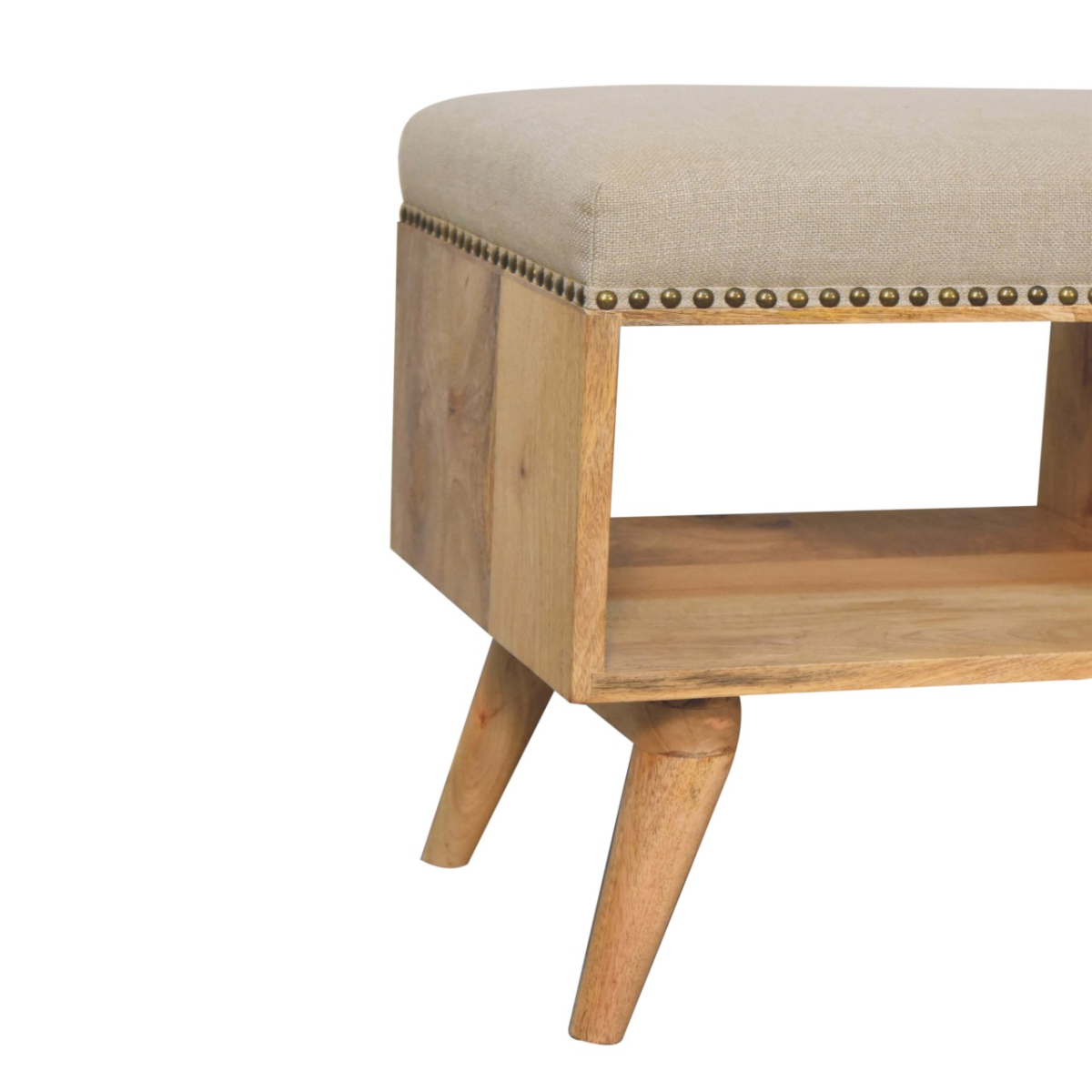 Artisan Furniture Solid Wood Studded Linen Open Bench, Upholstered, 2 Open Slots, Beige