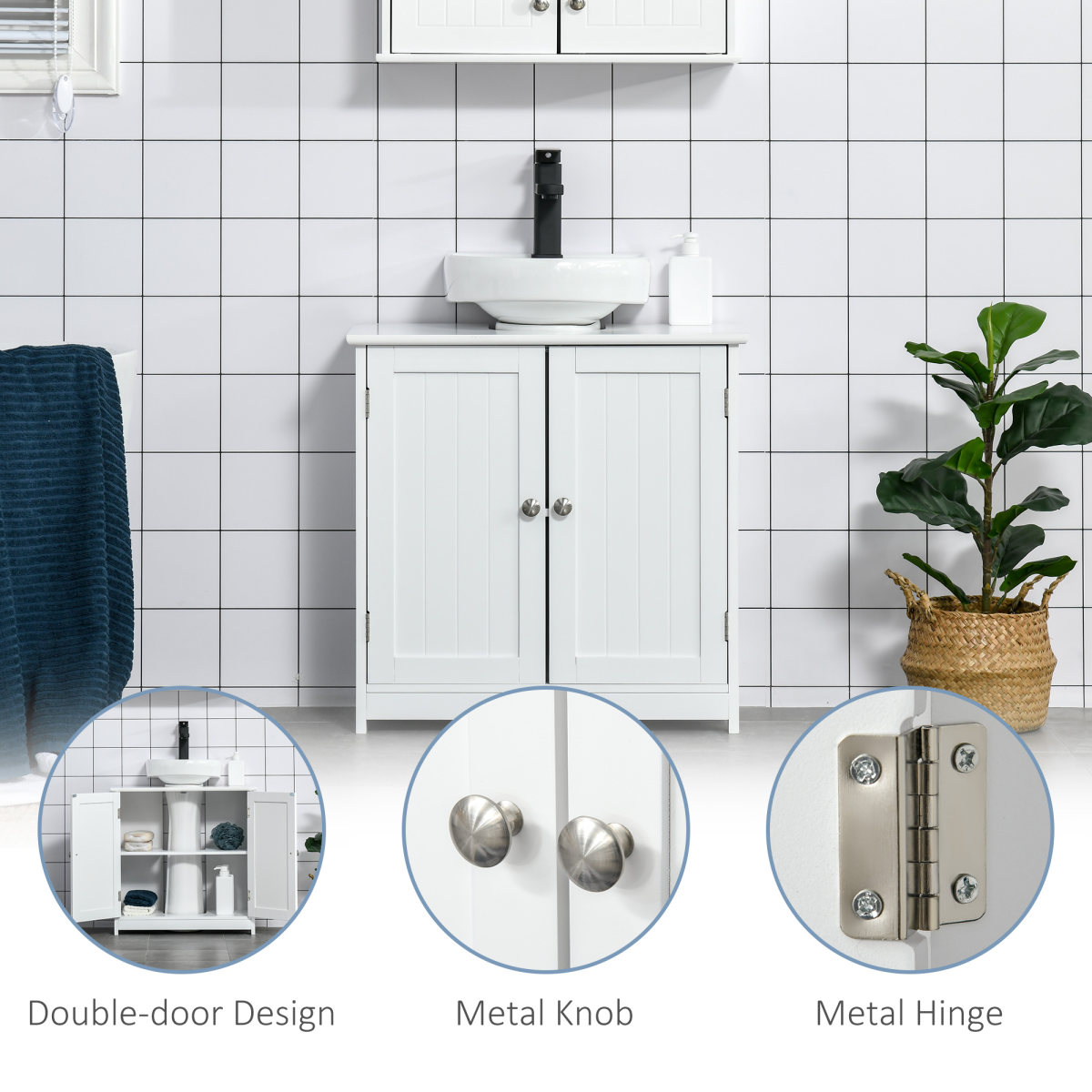 kleankin 60x60cm Under-Sink Storage Cabinet  Adjustable Shelf Drain Hole White