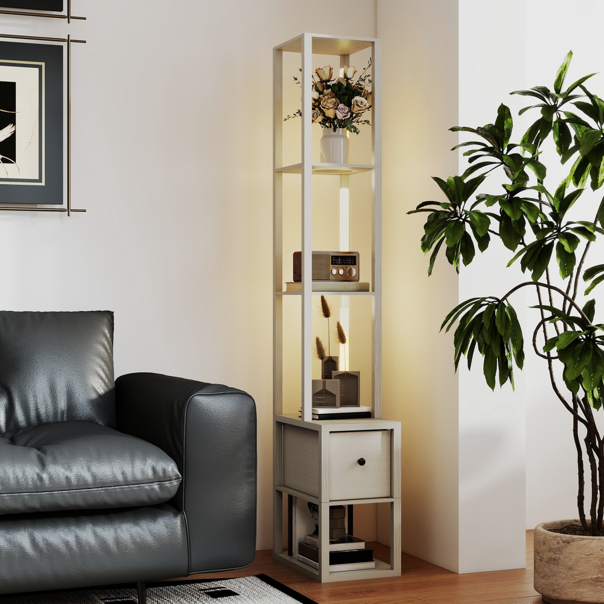 HOMCOM Floor Lamp with Shelves, LED Standing Lamp with Fabric Drawer