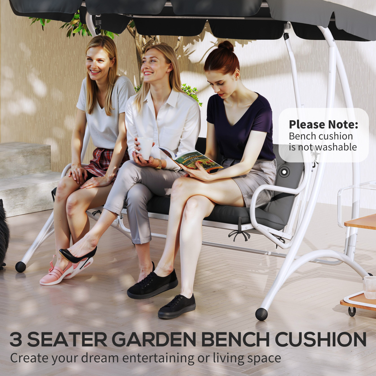 3 Seater Garden Bench Cushion Outdoor Seat Pad with Ties Black
