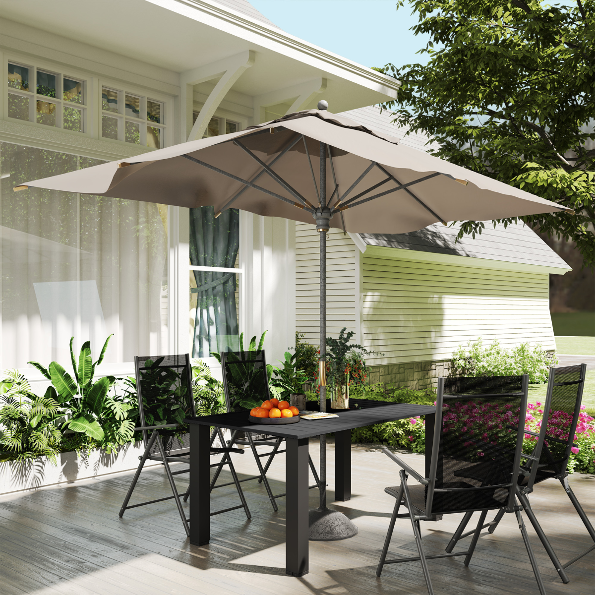 Outsunny Garden Table with Parasol Hole, Slatted Metal Tabletop, Black