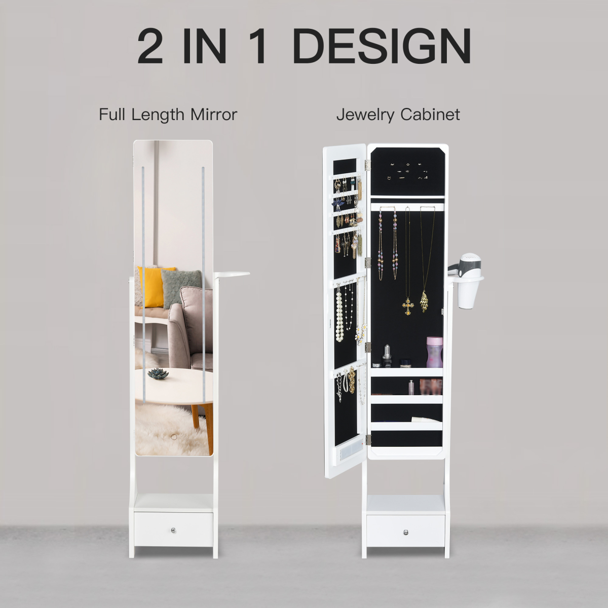 Freestanding Jewellery Storage Mirror Armoire  LED Lights Hooks Drawer