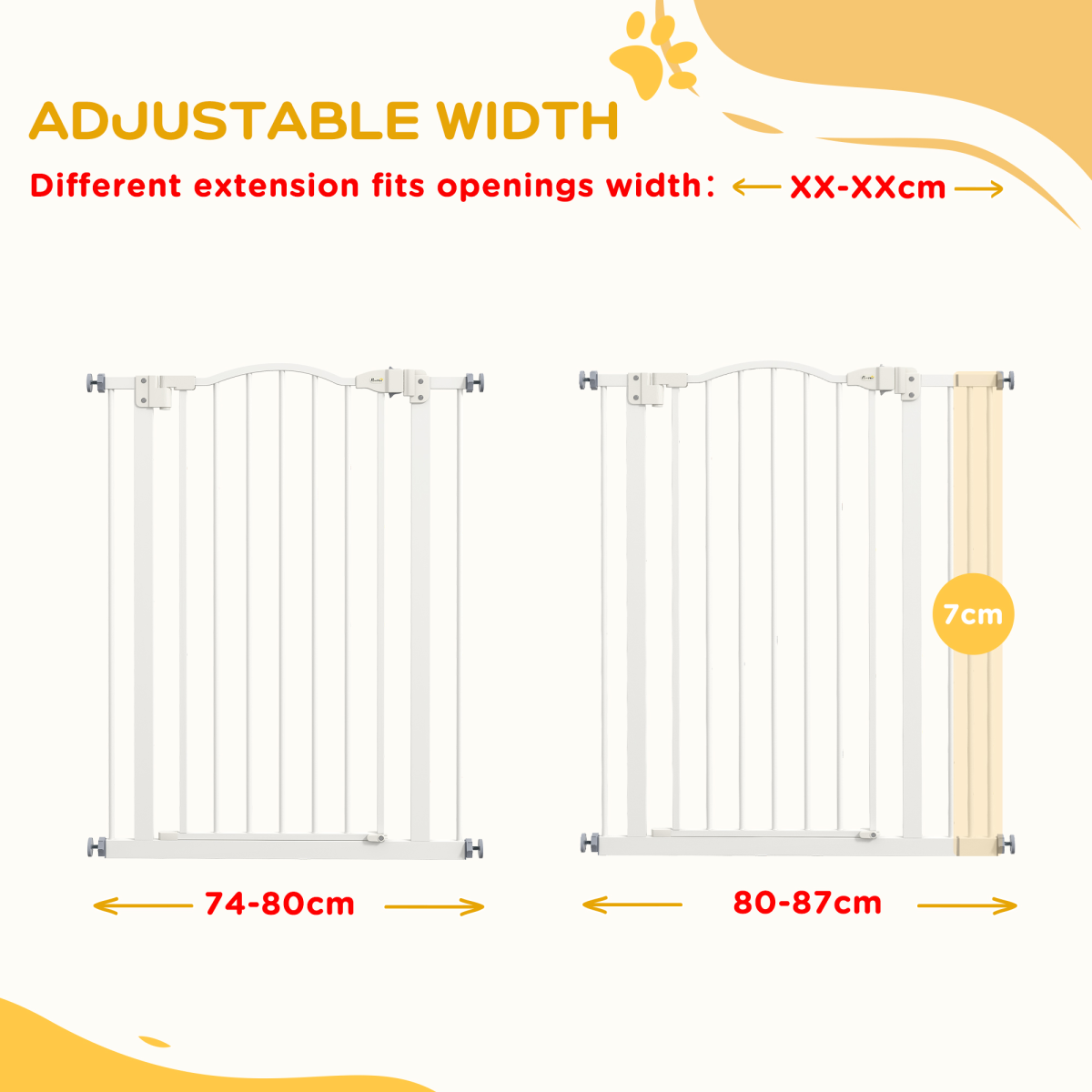 PawHut 74-87cm Adjustable Metal Pet Gate Safety Barrier w/ Auto-Close Door White