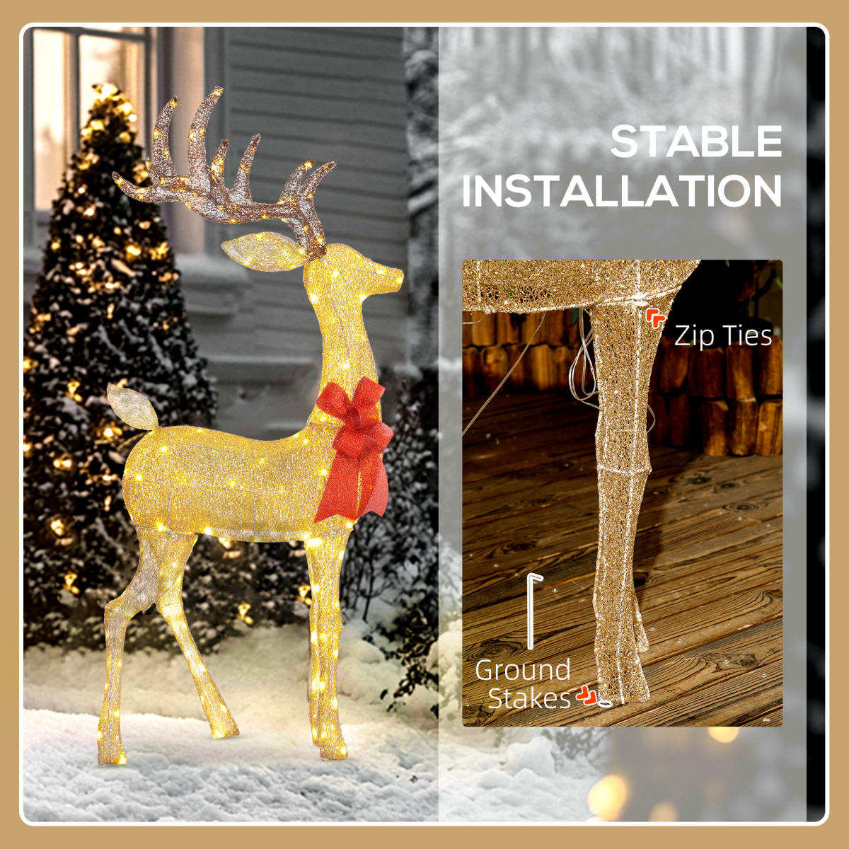 Outsunny Lighted Reindeer Christmas Decoration w/ Stakes Zip Ties Gold Tone