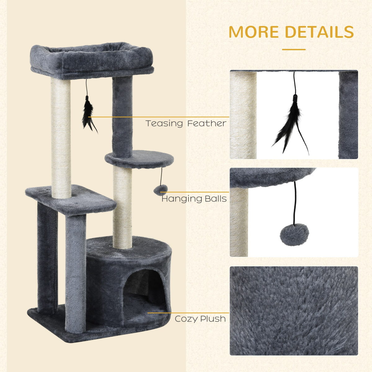 Cat Multi-Activity Tree Tower w/ Perch House Scratching Post Play Ball Pawhut