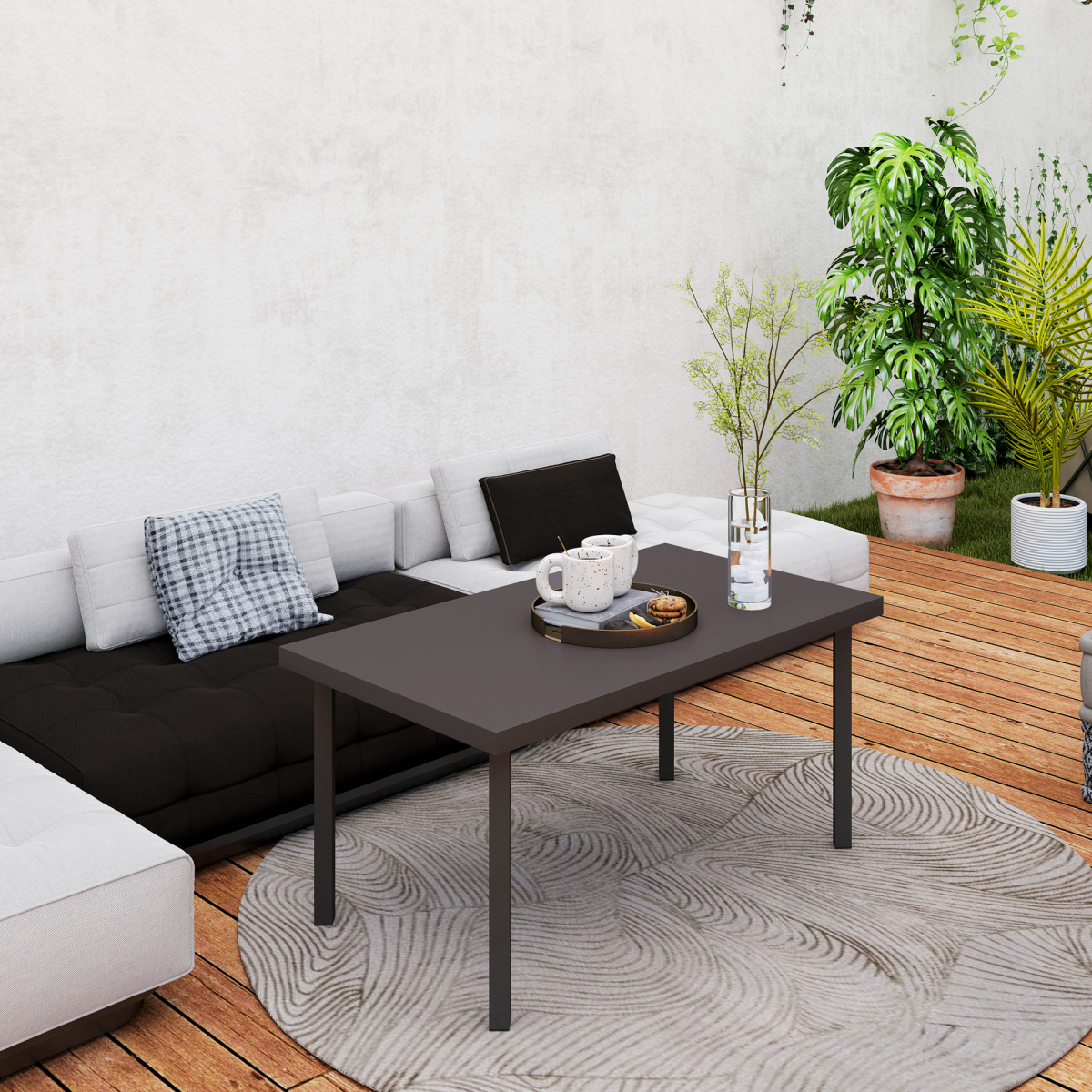 Outsunny Metal Garden Coffee Table with Woodgrain Tabletop, Brown