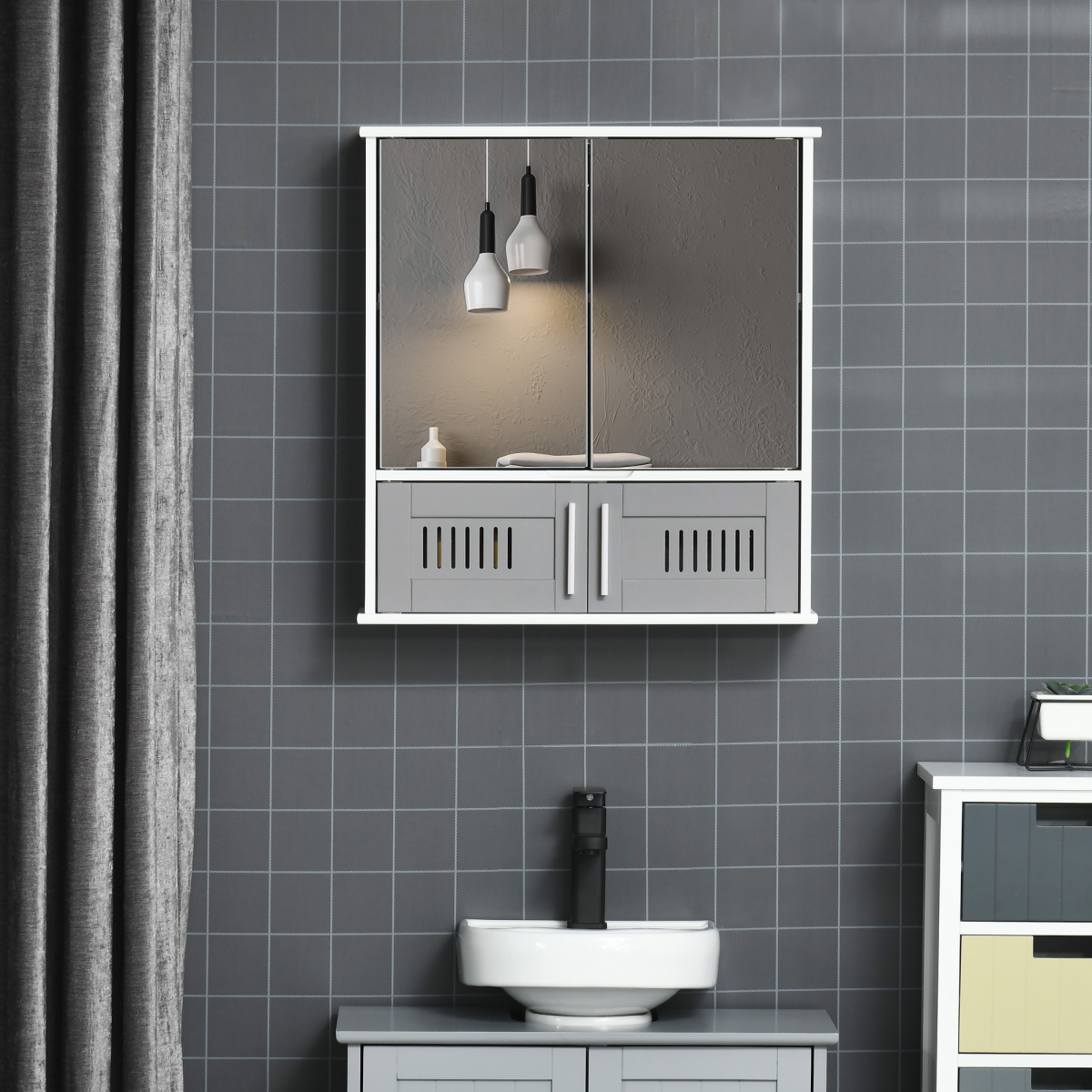 Bathroom Mirror Cabinet, Wall Mounted Storage Cupboard with Double Doors Grey