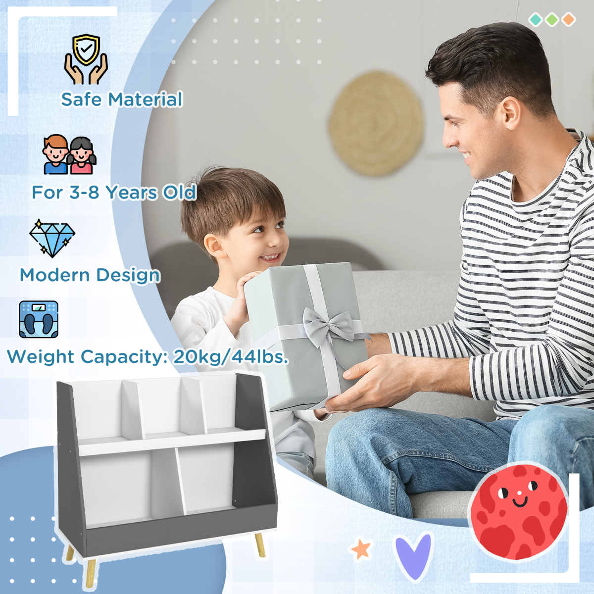 HOMCOM Kids Storage Shelf with 5 Compartments, Anti-Tip Device, Grey
