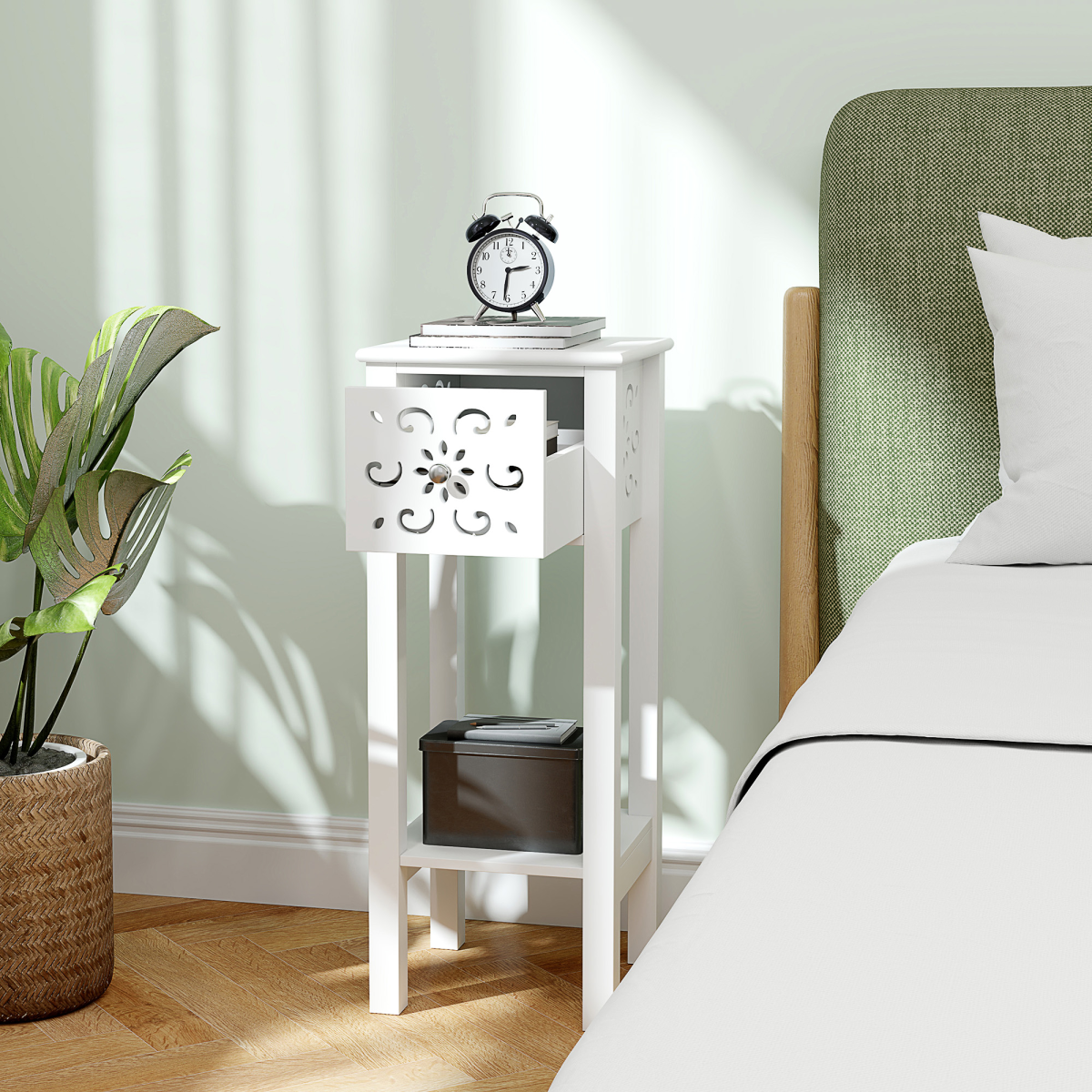 HOMCOM Bedside Table Set, End Table Set with Drawer and Storage Shelf, White