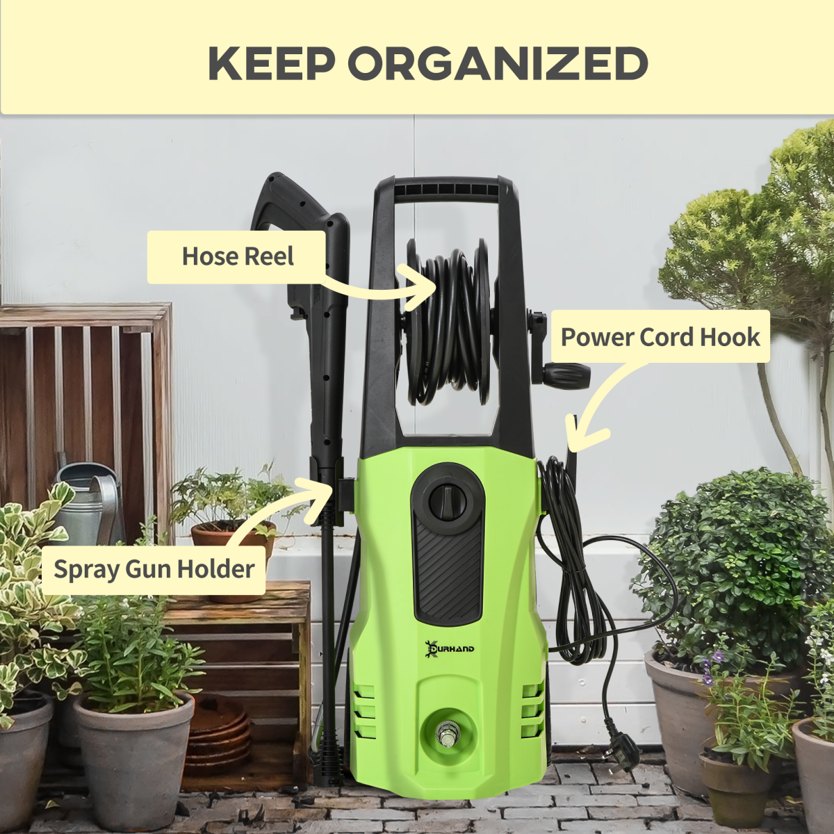 DURHAND Portable Power Washer 1800W, 150 Bar, 510 L/h for Garden, Car, Furniture