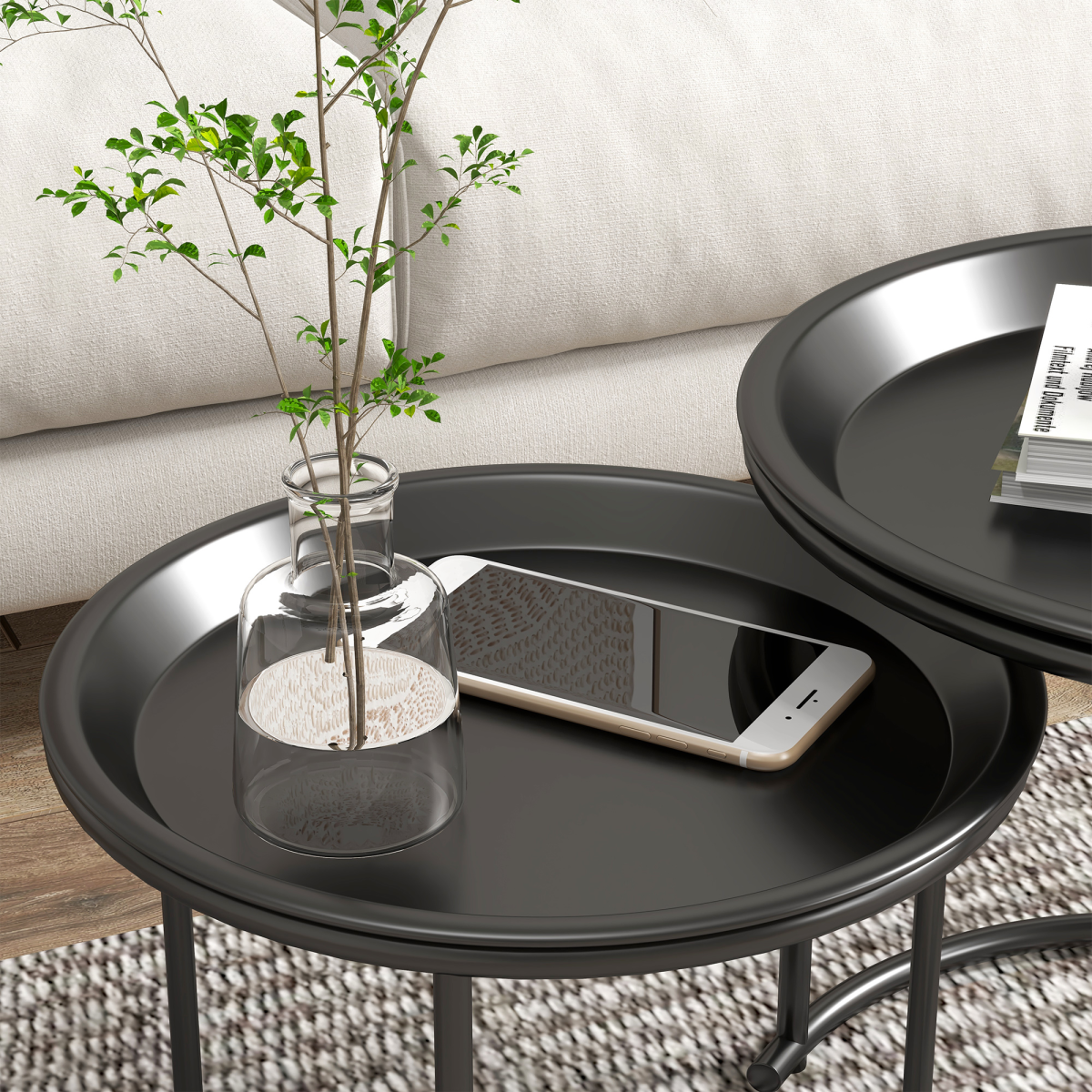 HOMCOM Nesting Tables Set of 2, End Table with Removable Tabletop Tray White