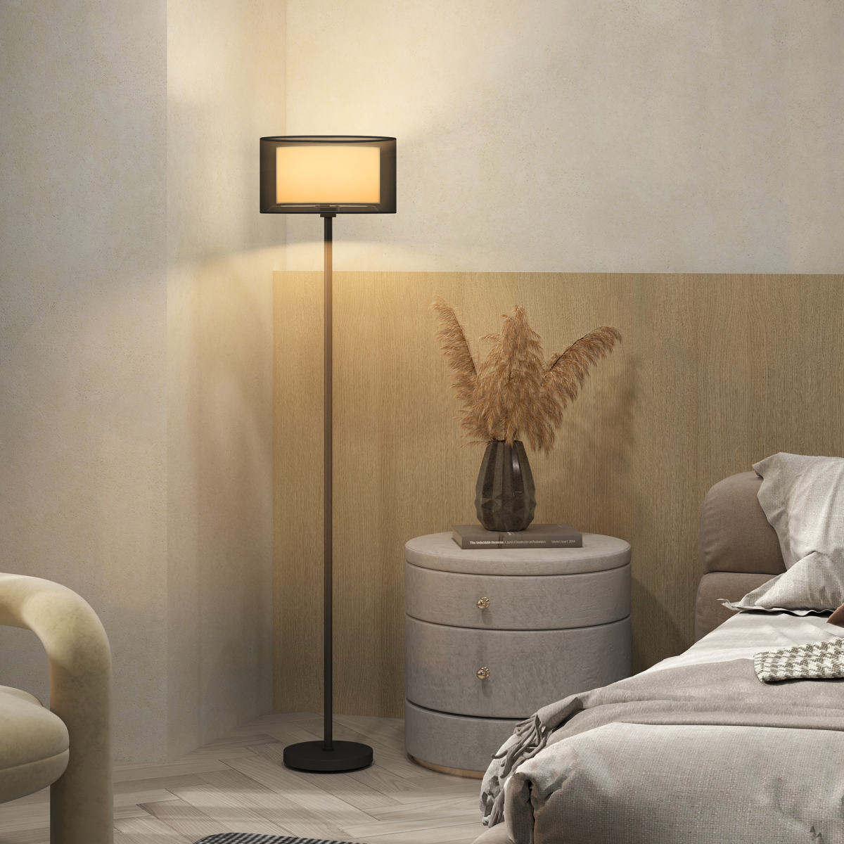 HOMCOM Modern Standing Lamp with Double Layer Shade & Foot Switch, Black