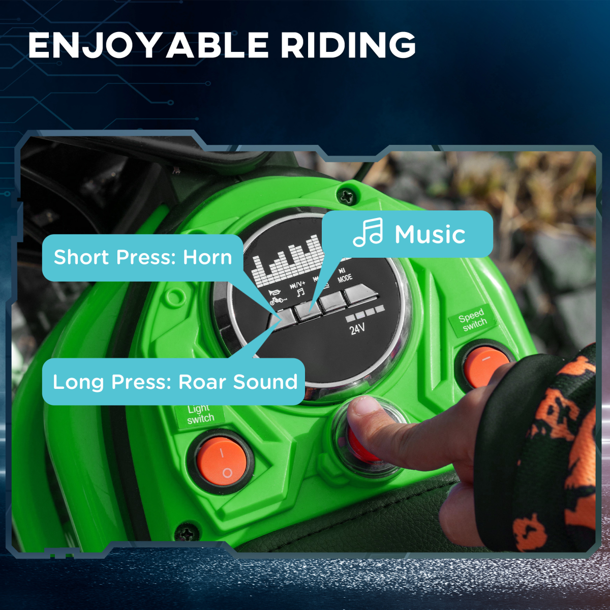 HOMCOM 24V Kids Electric Motorbike with Twist Grip Throttle, Music, Horn - Green