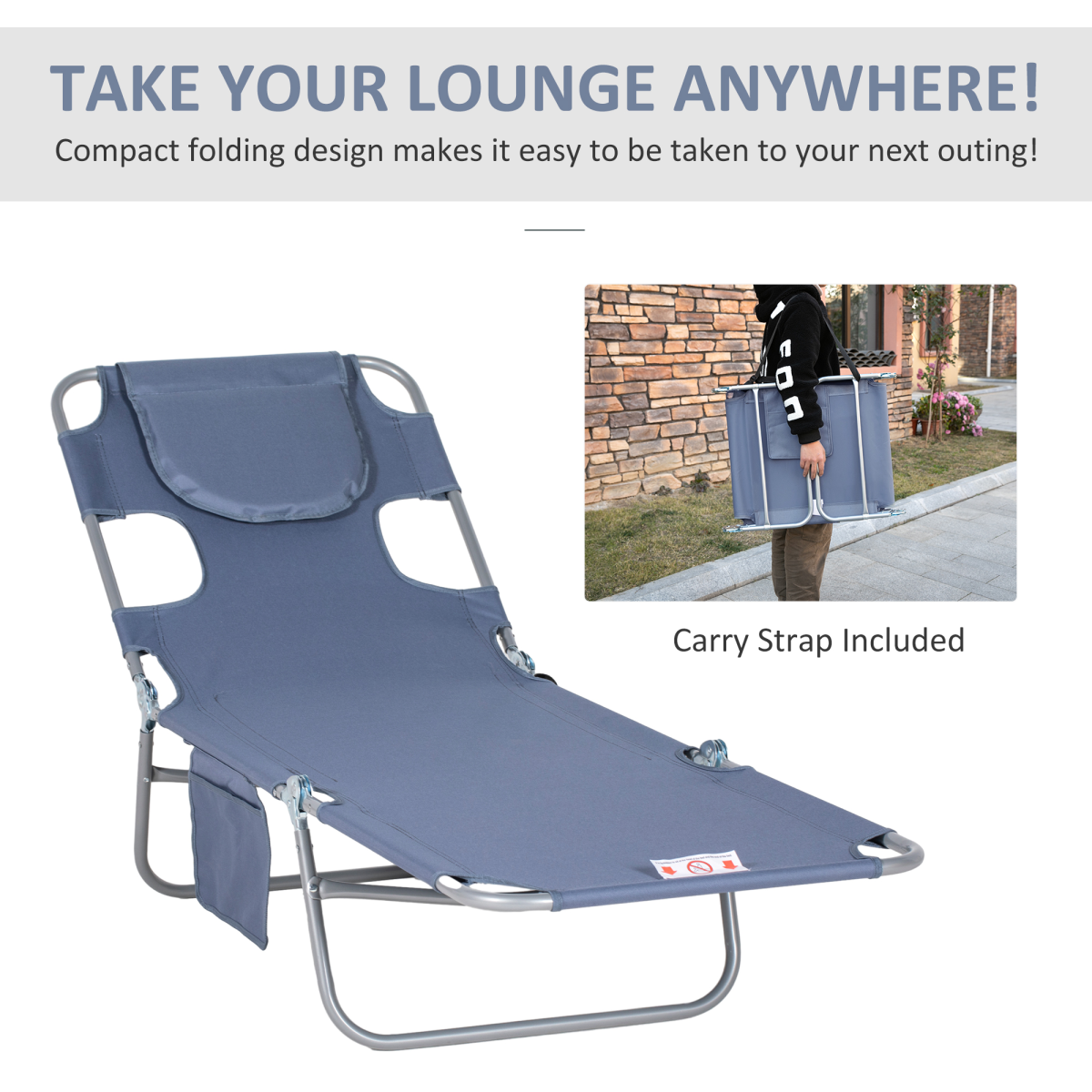 Outsunny Beach Chaise Lounge Portable Adjustable Backrest with Face Cavity Grey